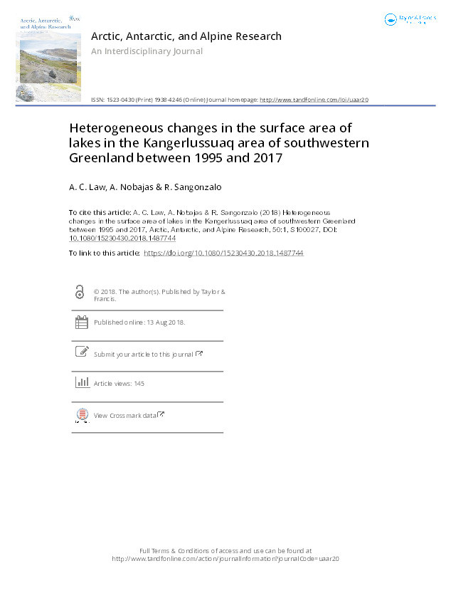 Heterogeneous changes in the surface area of lakes in the Kangerlussuaq area of southwestern Greenland between 1995 and 2017 Thumbnail