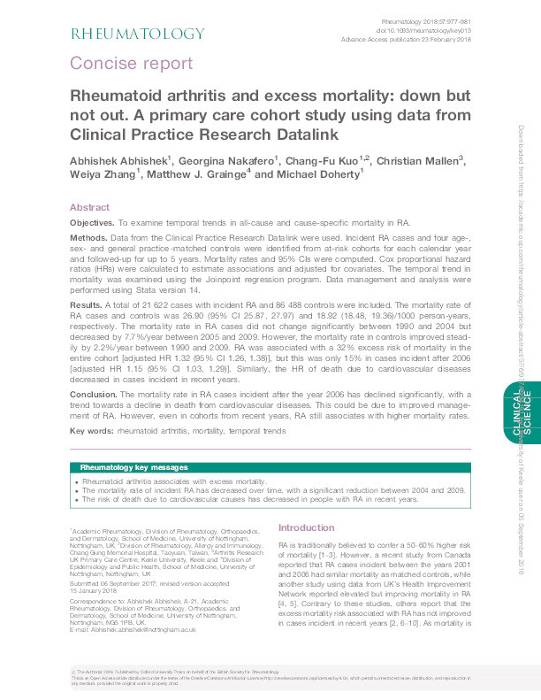 Rheumatoid arthritis and excess mortality: down but not out. A primary care cohort study using data from Clinical Practice Research Datalink. Thumbnail