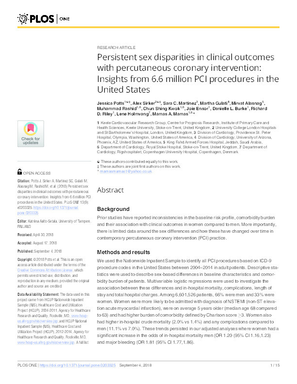 Persistent sex disparities in clinical outcomes with percutaneous coronary intervention: Insights from 6.6 million PCI precedures in the United States Thumbnail