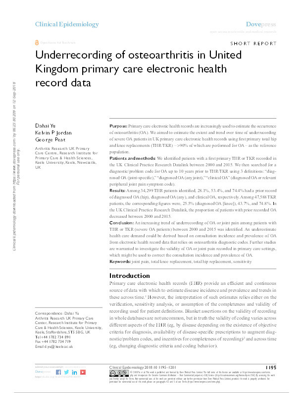Underrecording of osteoarthritis in United Kingdom primary care electronic health record data Thumbnail
