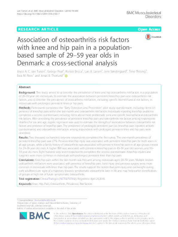 Association of osteoarthritis risk factors with knee and hip pain in a population-based sample of 29-59 year olds in Denmark: a cross-sectional analysis. Thumbnail