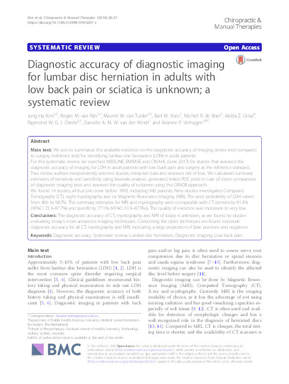 Diagnostic accuracy of diagnostic imaging for lumbar disc herniation in adults with low back pain or sciatica is unknown; a systematic review Thumbnail