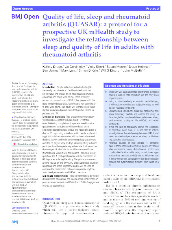Quality of life, sleep and rheumatoid arthritis (QUASAR): a protocol for a prospective UK mHealth study to investigate the relationship between sleep and quality of life in adults with rheumatoid arthritis. Thumbnail