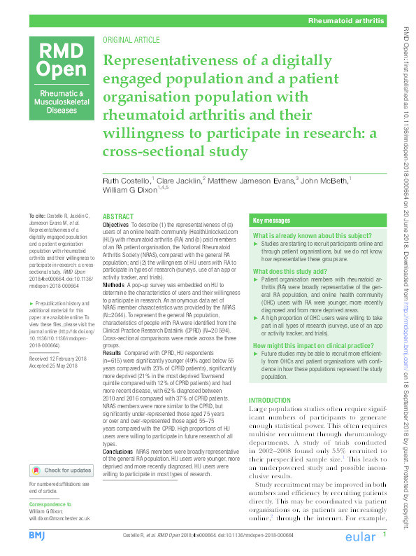 Representativeness of a digitally engaged population and a patient organisation population with rheumatoid arthritis and their willingness to participate in research: a cross-sectional study. Thumbnail