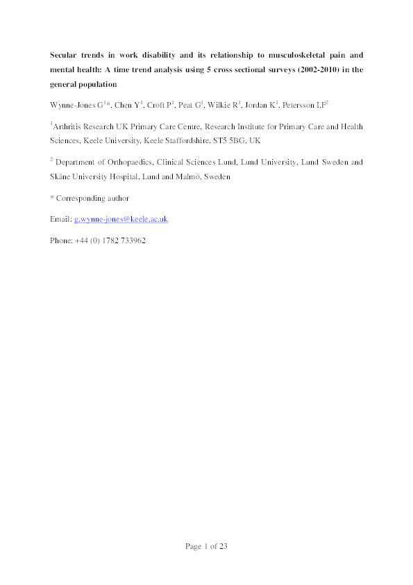 Secular trends in work disability and its relationship to musculoskeletal pain and mental health: a time-trend analysis using five cross-sectional surveys (2002-2010) in the general population. Thumbnail