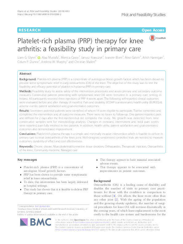 Platelet-rich plasma (PRP) therapy for knee arthritis: a feasibility study in primary care. Thumbnail