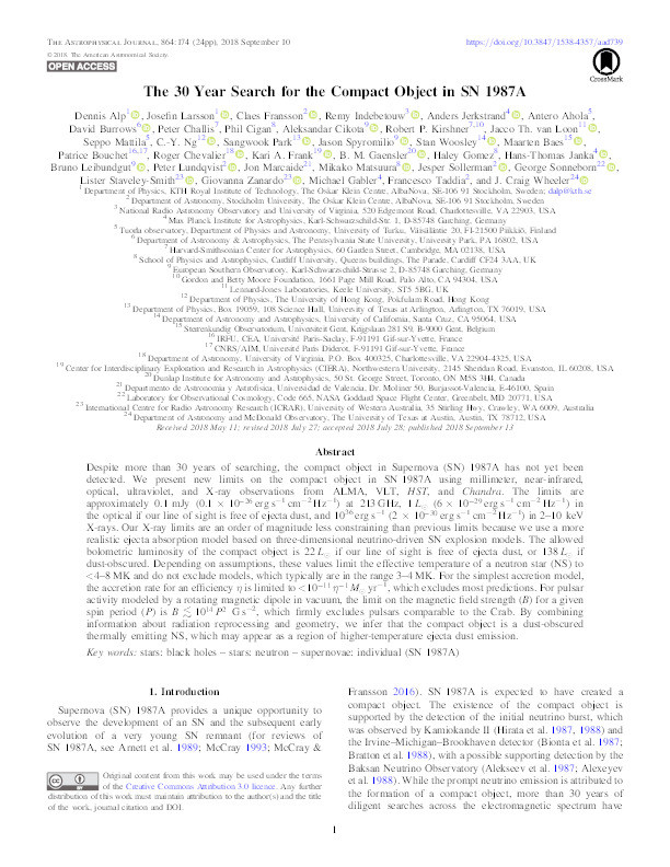 The 30 Year Search for the Compact Object in SN 1987A Thumbnail