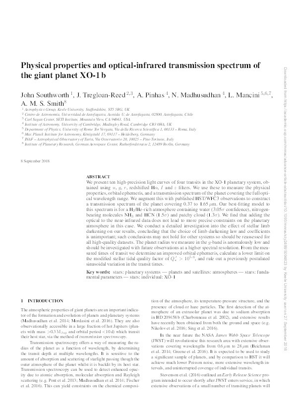 Physical properties and optical-infrared transmission spectrum of the giant planet XO-1 b Thumbnail