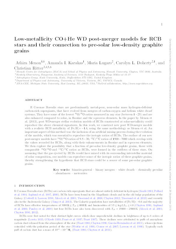 Low-metallicity CO+He WD post-merger models for RCB stars and their connection to pre-solar low-density graphite grains Thumbnail