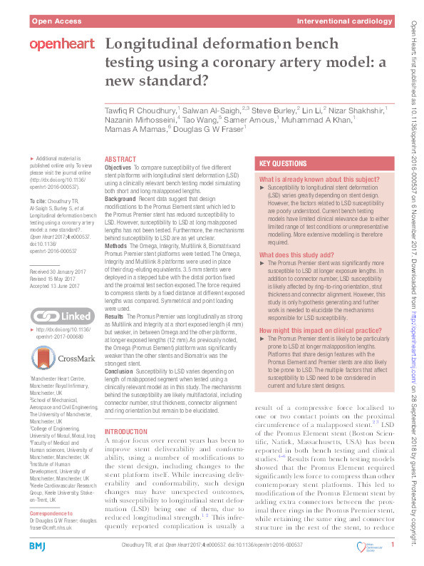 Longitudinal deformation bench testing using a coronary artery model: a new standard? Thumbnail