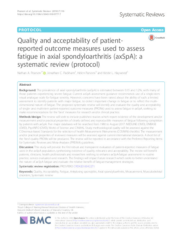 Quality and acceptability of patient-reported outcome measures used to assess fatigue in axial spondyloarthritis (axSpA): a systematic review (protocol) Thumbnail