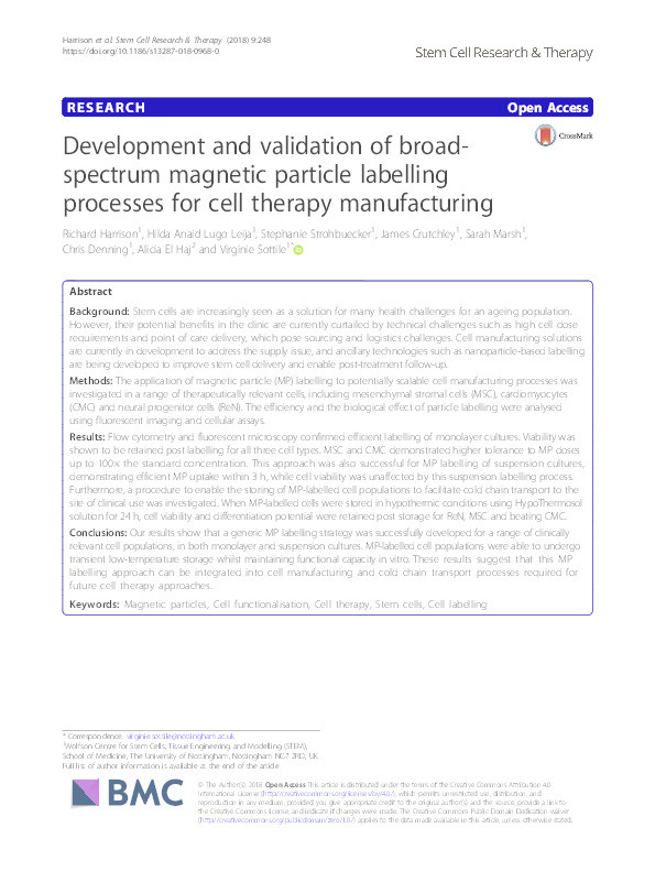 Development and validation of broad-spectrum magnetic particle labelling processes for cell therapy manufacturing Thumbnail