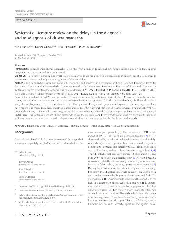 Systematic literature review on the delays in the diagnosis and misdiagnosis of cluster headache Thumbnail