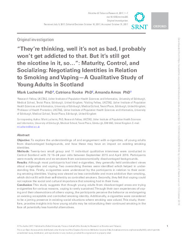 "They're thinking, well it's not as bad, I probably won't get addicted to that. But it's still got the nicotine in it, so…": Maturity, control and socialising: Negotiating identities in relation to smoking and vaping. A qualitative study of young adults in Scotland. Thumbnail