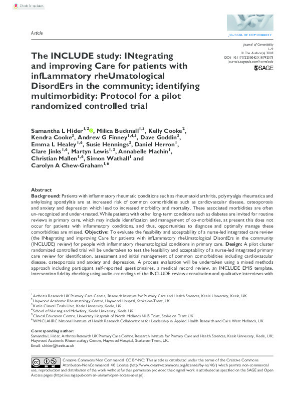 The INCLUDE study: INtegrating and improving Care for patients with infLammatory rheUmatological DisordErs in the community; identifying multimorbidity: Protocol for a pilot randomized controlled trial. Thumbnail