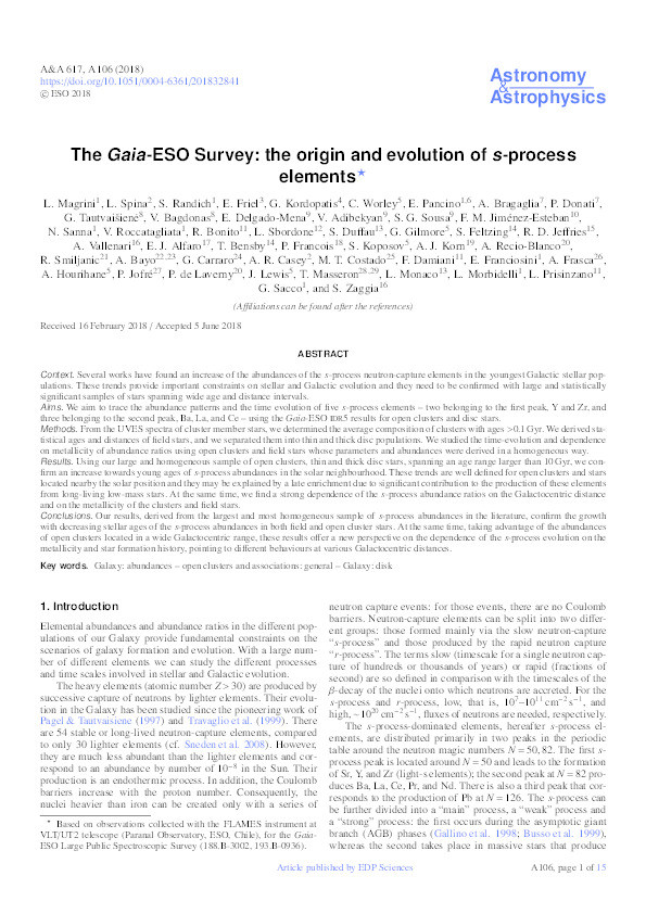 The Gaia-ESO Survey: the origin and evolution of s-process elements Thumbnail