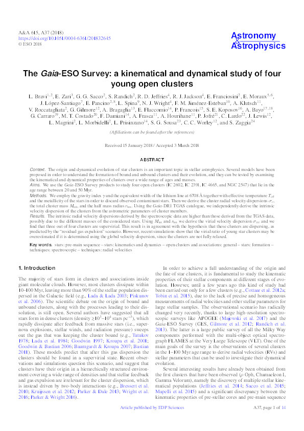 The Gaia-ESO Survey: a kinematical and dynamical study of four young open clusters Thumbnail