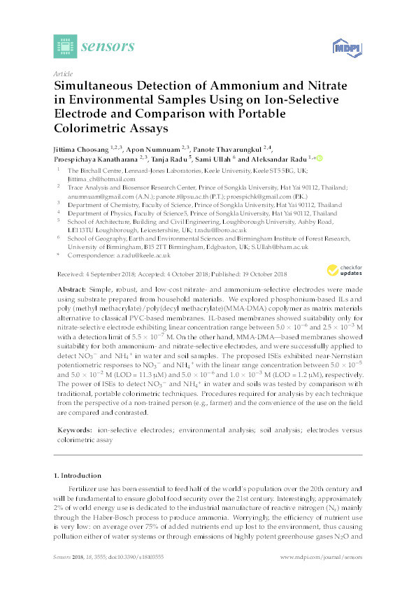 Simultaneous Detection of Ammonium and Nitrate in Environmental Samples Using on Ion-Selective Electrode and Comparison with Portable Colorimetric Assays Thumbnail
