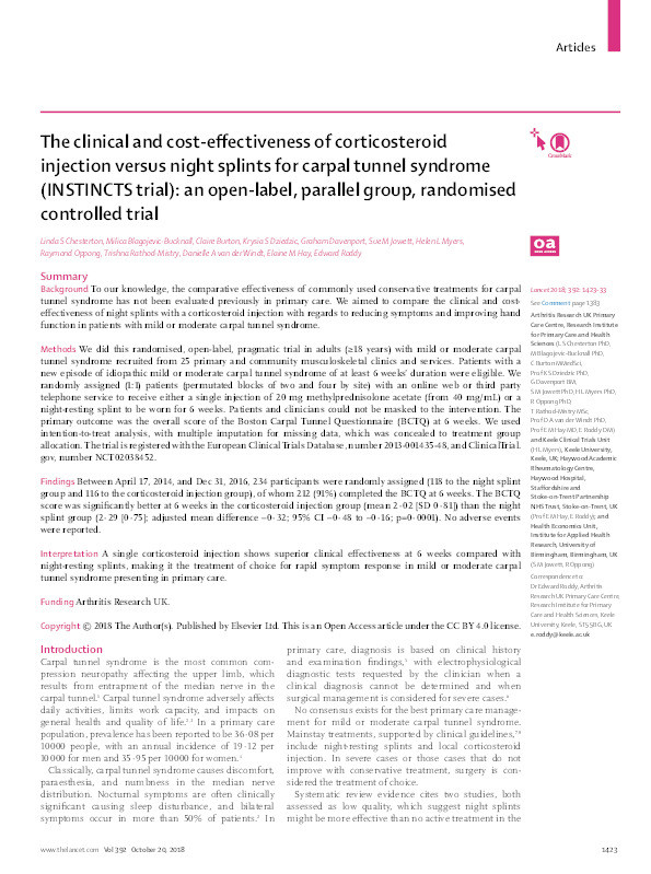 The clinical and cost-effectiveness of corticosteroid injection versus night splints for carpal tunnel syndrome (INSTINCTS trial): an open-label, parallel group, randomised controlled trial. Thumbnail