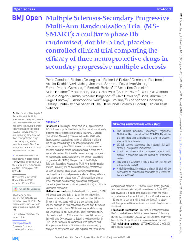 Multiple Sclerosis-Secondary Progressive Multi-Arm Randomisation Trial (MS-SMART): a multiarm phase IIb randomised, double-blind, placebo-controlled clinical trial comparing the efficacy of three neuroprotective drugs in secondary progressive multiple sclerosis Thumbnail