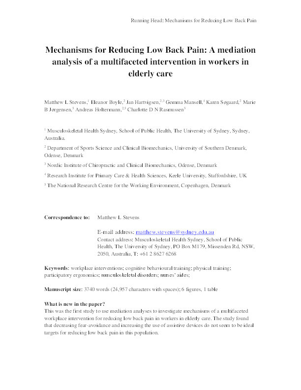 Mechanisms for reducing low back pain: a mediation analysis of a multifaceted intervention in workers in elderly care. Thumbnail