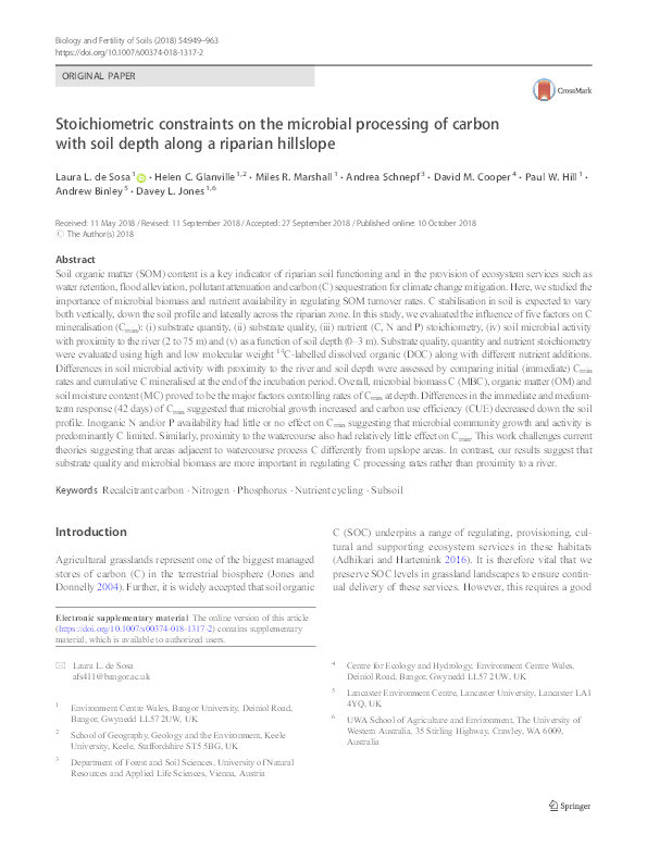Stoichiometric constraints on the microbial processing of carbon with soil depth along a riparian hillslope Thumbnail