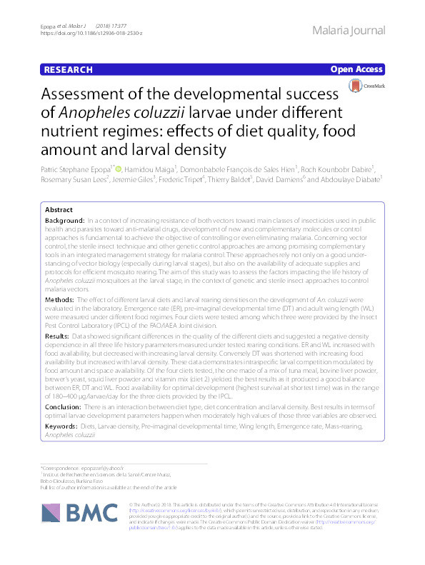 Assessment of the developmental success of Anopheles coluzzii larvae under different nutrient regimes: effects of diet quality, food amount and larval density. Thumbnail