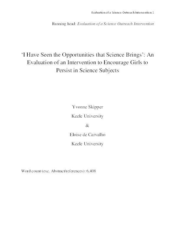 ‘I Have Seen the Opportunities that Science Brings’: An Evaluation of an Intervention to Encourage Girls to Persist in Science Subjects Thumbnail