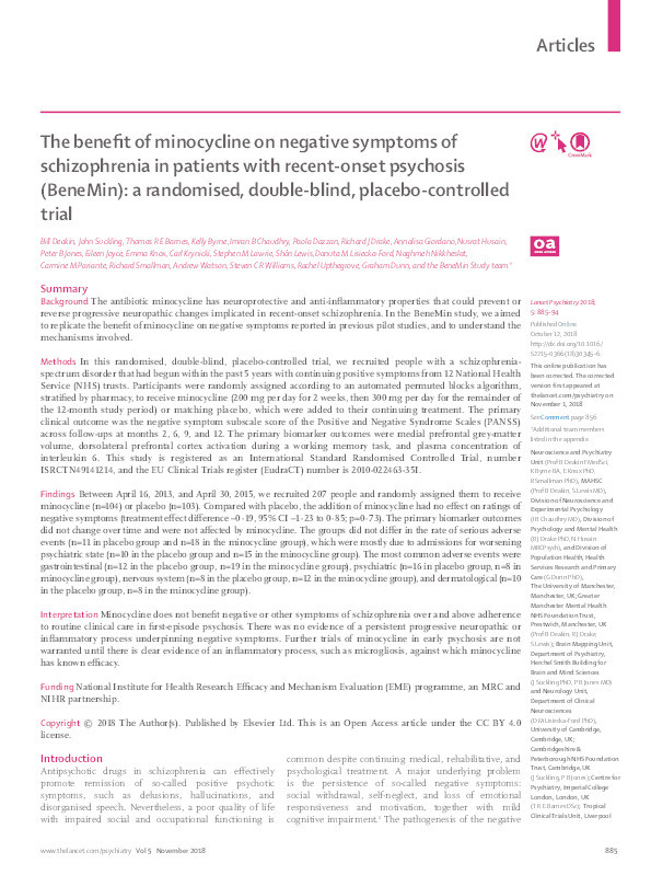 The benefit of minocycline on negative symptoms of schizophrenia in patients with recent-onset psychosis (BeneMin): a randomised, double-blind, placebo-controlled trial Thumbnail