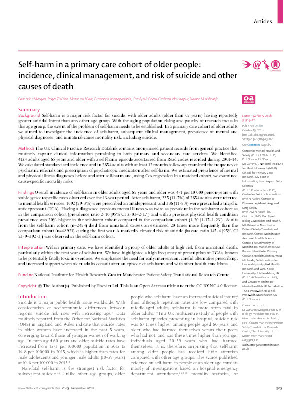 Self-harm in a primary care cohort of older people: incidence, clinical management, and risk of suicide and other causes of death Thumbnail