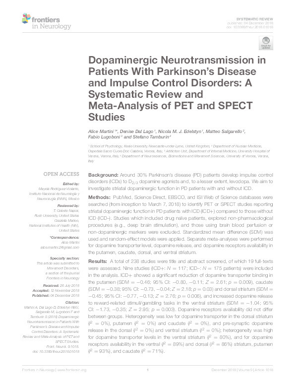 Dopaminergic neurotransmission in patients with Parkinson’s disease and impulse control disorders: a systematic review and meta-analysis of PET and SPECT studies Thumbnail