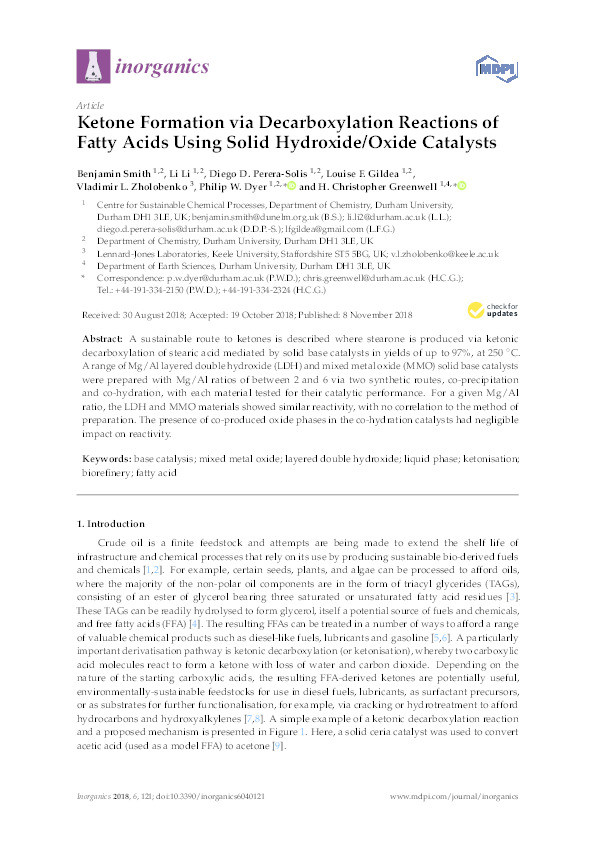 Ketone Formation via Decarboxylation Reactions of Fatty Acids Using Solid Hydroxide/Oxide Catalysts Thumbnail