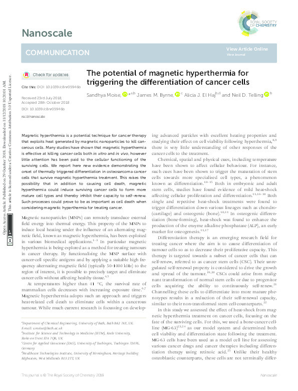 The potential of magnetic hyperthermia for triggering the differentiation of cancer cells Thumbnail