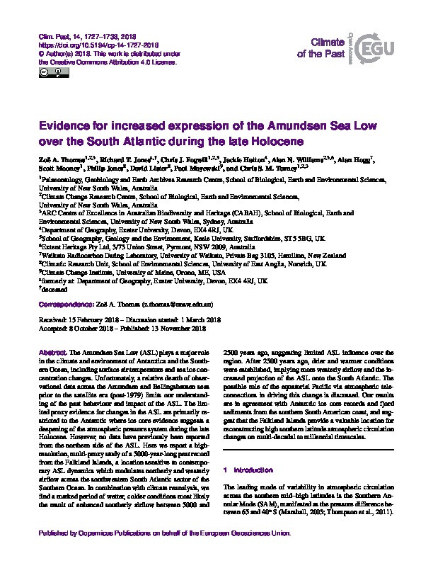 Evidence for increased expression of the Amundsen Sea Low over the South Atlantic during the late Holocene Thumbnail