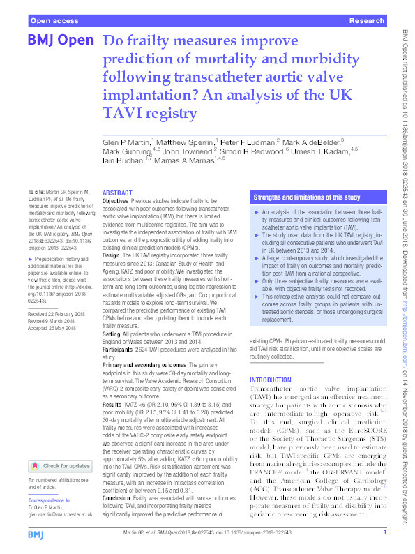 Do frailty measures improve prediction of mortality and morbidity following transcatheter aortic valve implantation? An analysis of the UK TAVI registry Thumbnail
