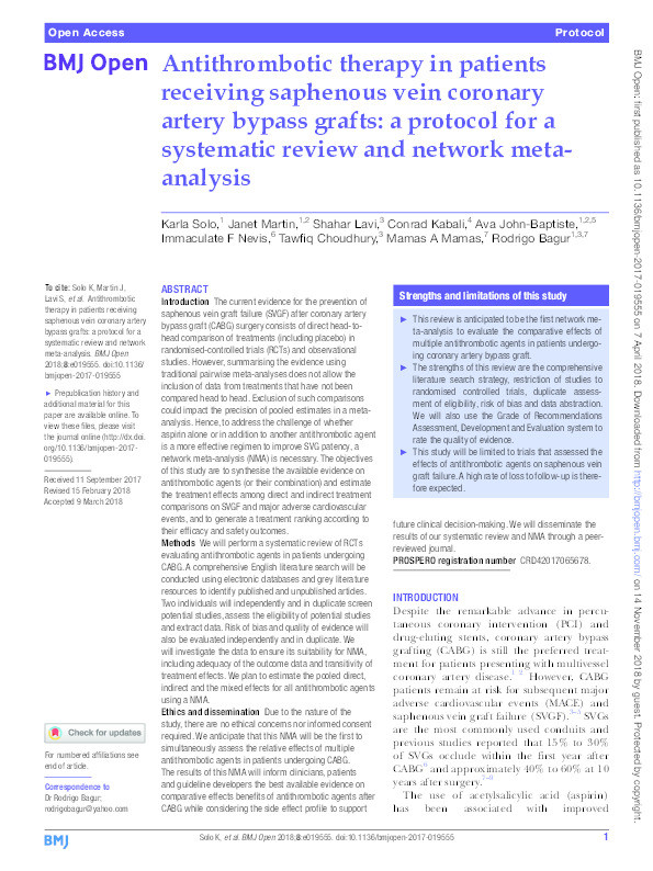 Antithrombotic therapy in patients receiving saphenous vein coronary artery bypass grafts: a protocol for a systematic review and network meta-analysis. Thumbnail