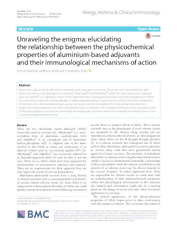 Unraveling the enigma: elucidating the relationship between the physicochemical properties of aluminium-based adjuvants and their immunological mechanisms of action Thumbnail