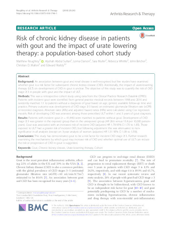 Risk of chronic kidney disease in patients with gout and the impact of urate lowering therapy: a population-based cohort study Thumbnail