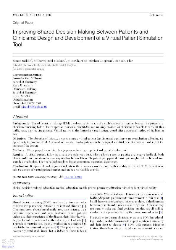 Improving Shared Decision Making Between Patients and Clinicians: Design and Development of a Virtual Patient Simulation Tool. Thumbnail