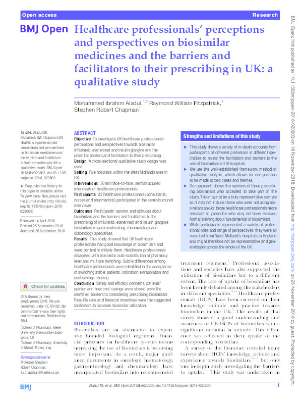 Healthcare professionals' perceptions and perspectives on biosimilar medicines and the barriers and facilitators to their prescribing in UK: a qualitative study. Thumbnail