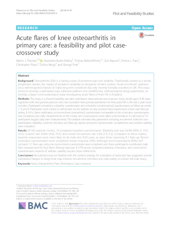 Acute flares of knee osteoarthritis in primary care: a feasibility and pilot case-crossover study Thumbnail