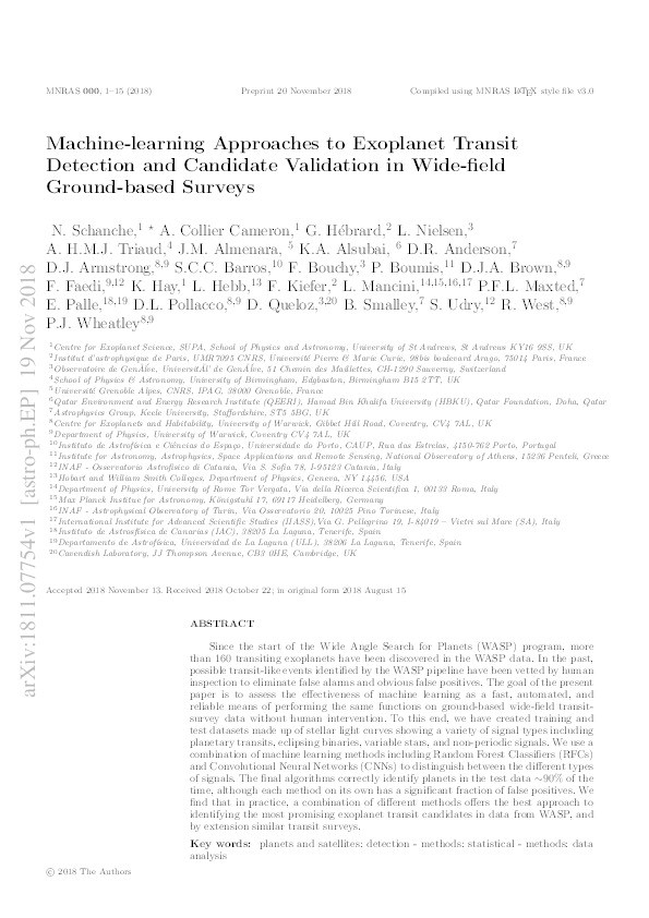 Machine-learning Approaches to Exoplanet Transit Detection and Candidate Validation in Wide-field Ground-based Surveys Thumbnail