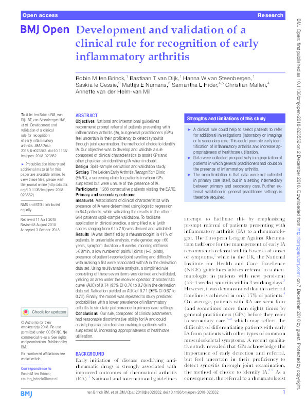 Development and validation of a clinical rule for recognition of early inflammatory arthritis Thumbnail