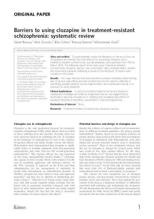 Barriers to using clozapine in treatment-resistant schizophrenia: systematic review Thumbnail