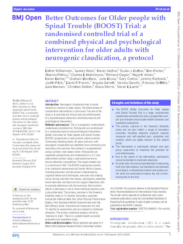 Better Outcomes for Older people with Spinal Trouble (BOOST) Trial: a randomised controlled trial of a combined physical and psychological intervention for older adults with neurogenic claudication, a protocol. Thumbnail