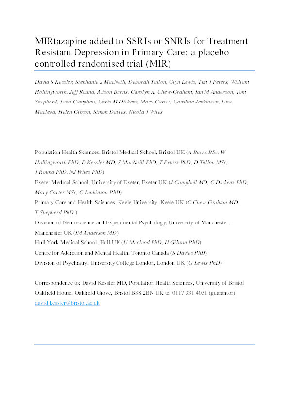 Mirtazapine added to SSRIs or SNRIs for treatment resistant depression in primary care: phase III randomised placebo controlled trial (MIR) Thumbnail