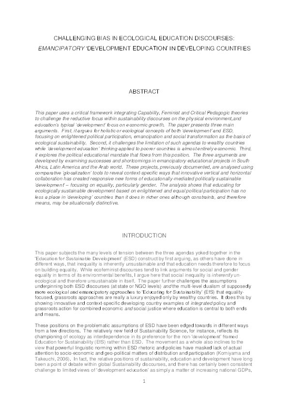 Challenging bias in ecological education discourses: Emancipatory development education in developing countries Thumbnail