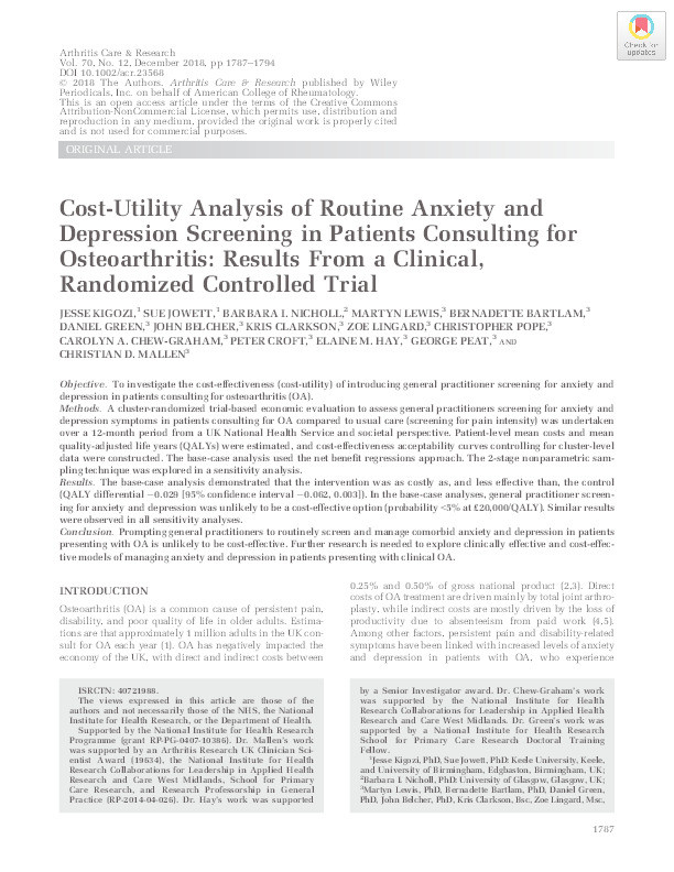 Cost-Utility Analysis of Routine Anxiety and Depression Screening in Patients Consulting for Osteoarthritis: Results From a Clinical, Randomized Controlled Trial Thumbnail