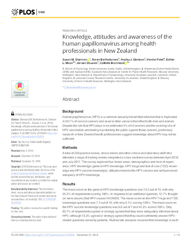 Knowledge, attitudes and awareness of the human papillomavirus among health professionals in New Zealand Thumbnail