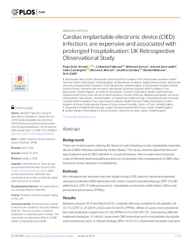 Cardiac implantable electronic device (CIED) infections are expensive and associated with prolonged hospitalisation: UK Retrospective Observational Study. Thumbnail